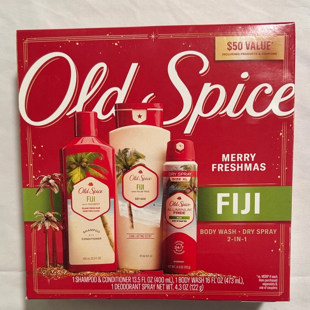 Old Spice Fiji Merry Freshmas Set Body Wash Shampoo/Conditioner, Deodorant Spray